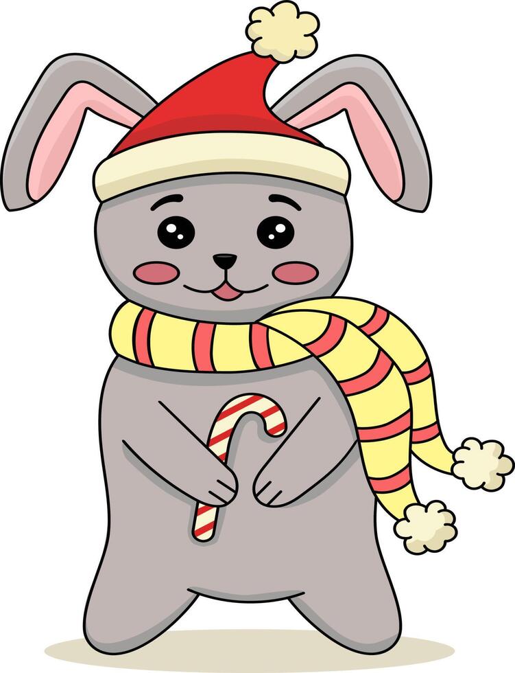 Cute Christmas bunny with lollipop candy. Funny Christmas character for design, printing, postcards, posters. Flat cartoon illustration on a white background.The symbol of the Chinese New Year vector