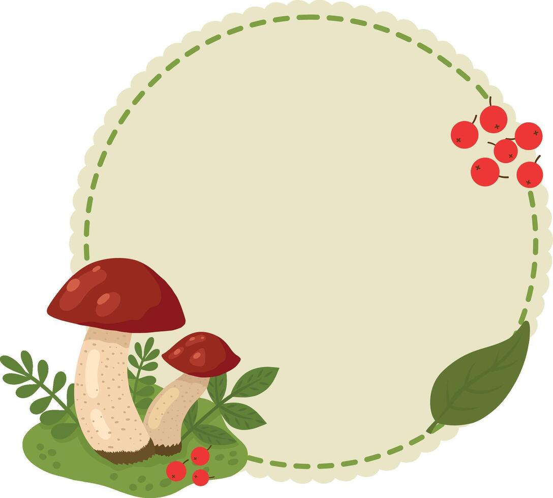 A frame with forest objects such as a white mushroom, berries, plants, in a cartoon style. Fashionable modern illustration, hand-drawn. illustration for postcards, banners and posters vector