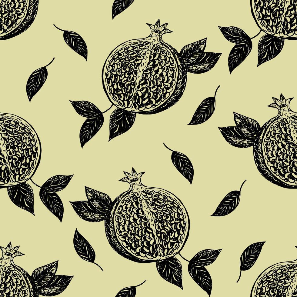 Seamless pattern with pomegranate fruits on a light background. Stock illustration on a horticultural theme. It is used for menus, advertisements and covers, packaging paper, food illustrations. vector