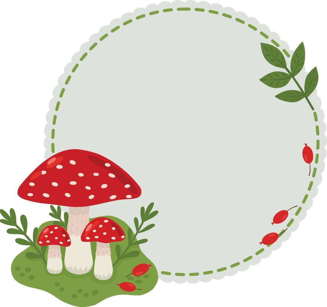 A frame with forest objects such as fly agaric, berries, plants, in a cartoon style. Fashionable modern illustration, hand-drawn. illustration for postcards, banners and posters. vector
