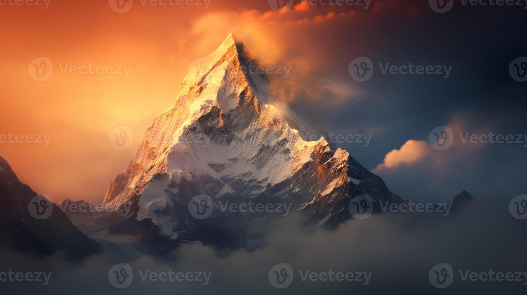 Beautiful colorful sunset over the snowy mountain range. Neural network photo
