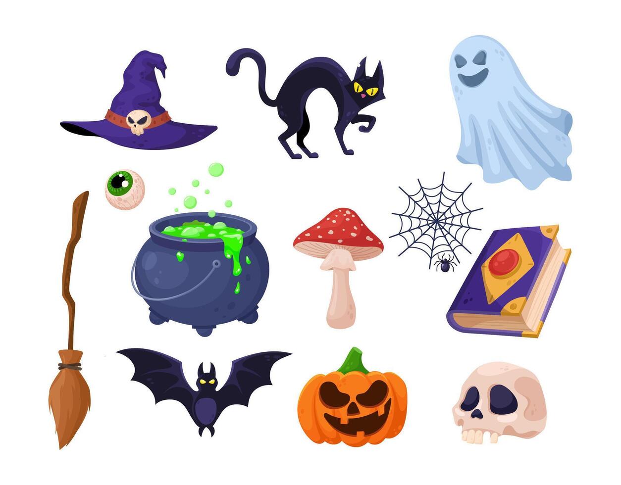 Halloween set. Witch hat, black cat, ghost, eye, witch's broom, cauldron with potion, fly agaric, web with spider, spell book, bat, pumpkin, skull. vector