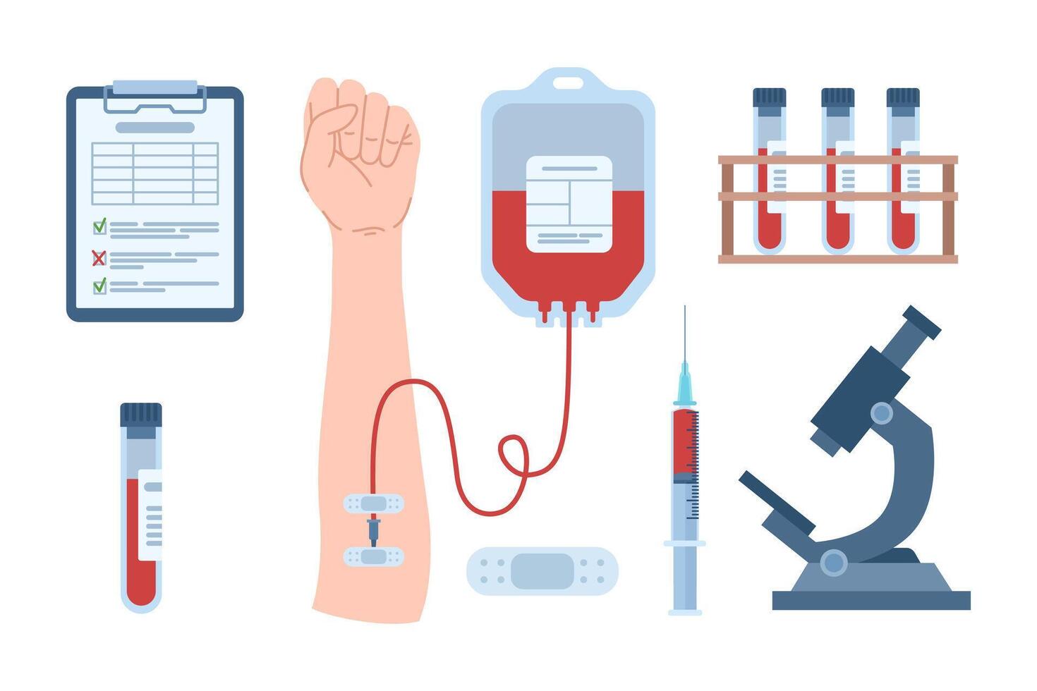 Medical blood test flat concept. Blood transfusion, blood donation set. Chemical blood test in the laboratory. Blood in test tubes, hand with blood bag, blood test checklist. vector