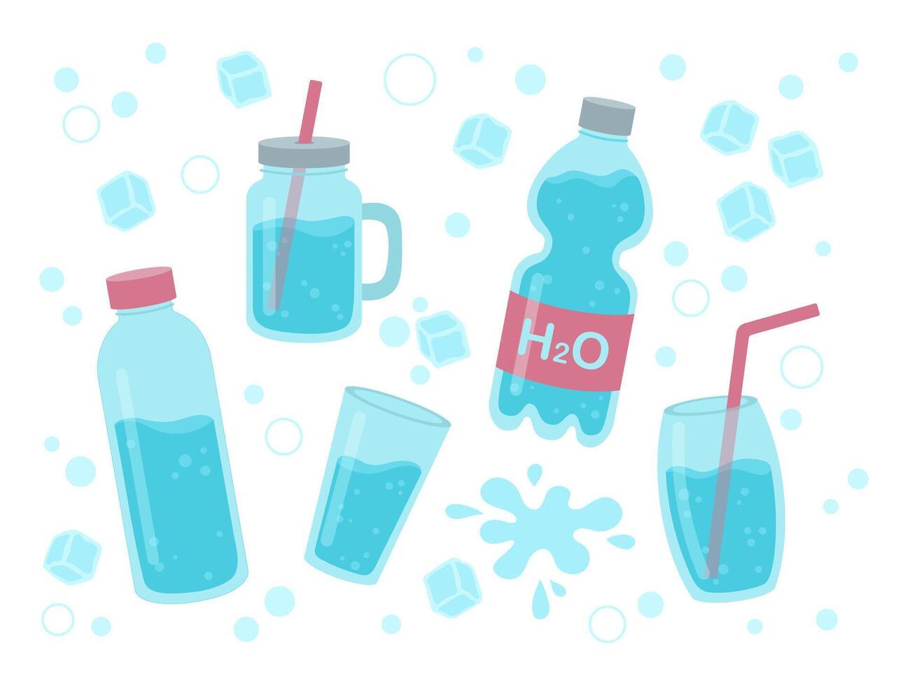 Drink more water concept set. Water in glass bottle, plastic bottle, glass, ice and water drops. Hand drawn illustration set. vector