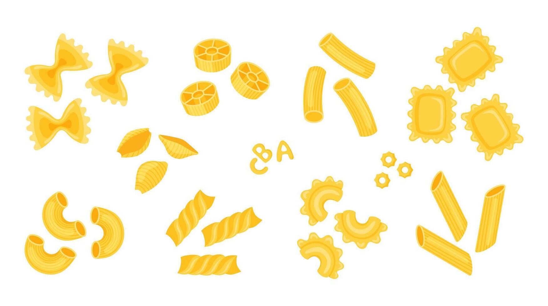 Set of different types of Italian pasta. Farfalle, rotelle, rigatoni, ravioli, shell, pastina, rotini, penne, macaroni, creste di gallo, gobetti rigati. Menu, banner, flyer, advertising template. vector