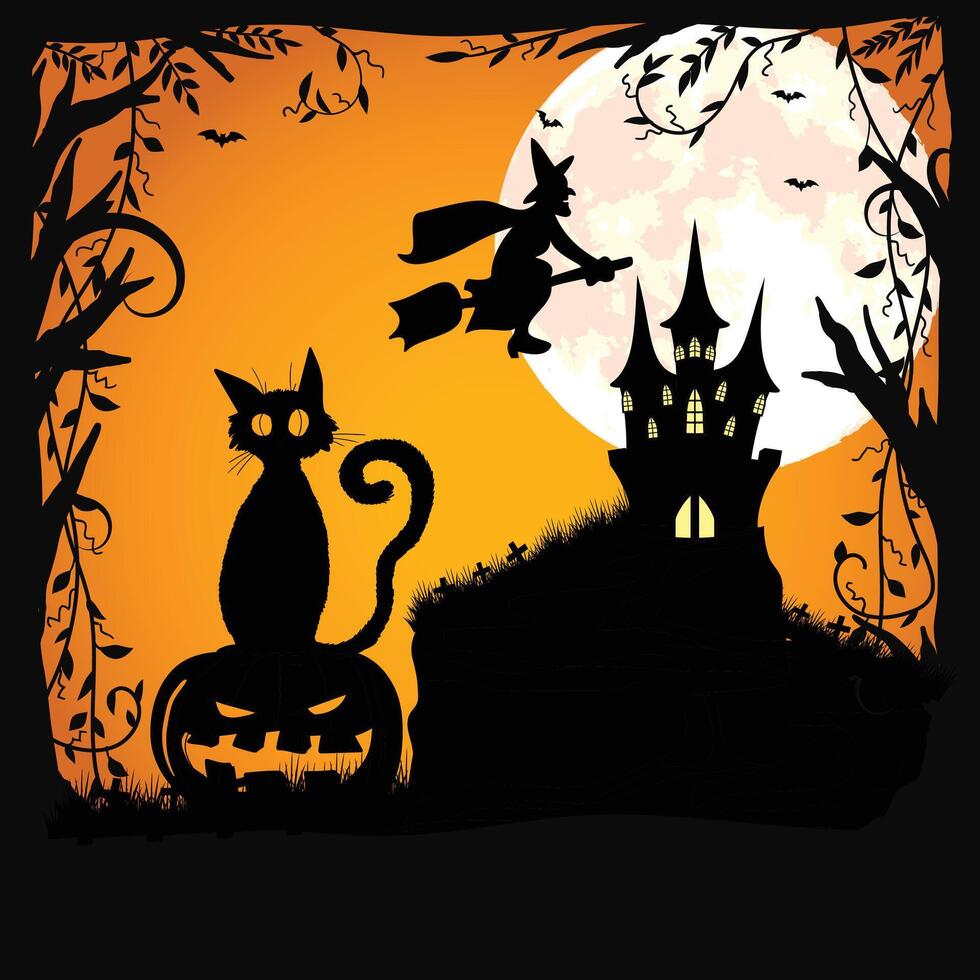 Halloween night with cat on pumpkin, and dark orange background, Halloween day illustration. Halloween theme background, illustration. vector