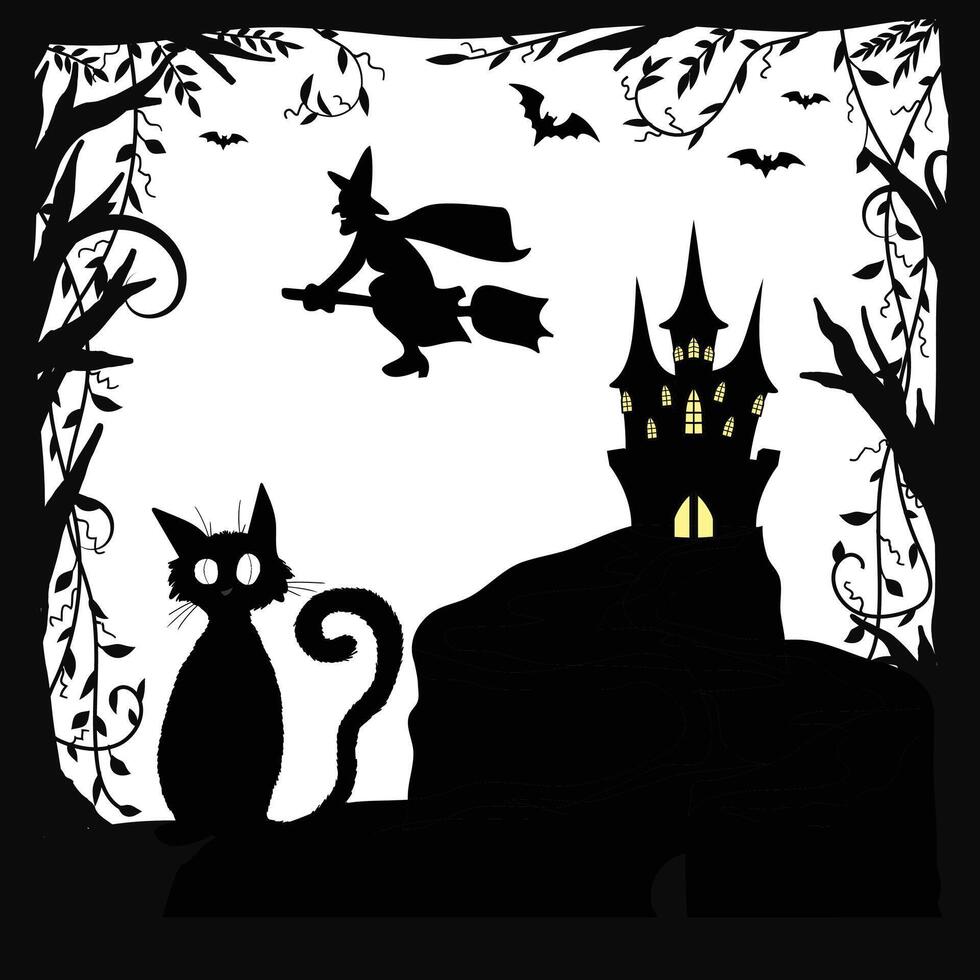 Halloween night with cat and witch, Halloween day illustration design. Halloween theme background. vector