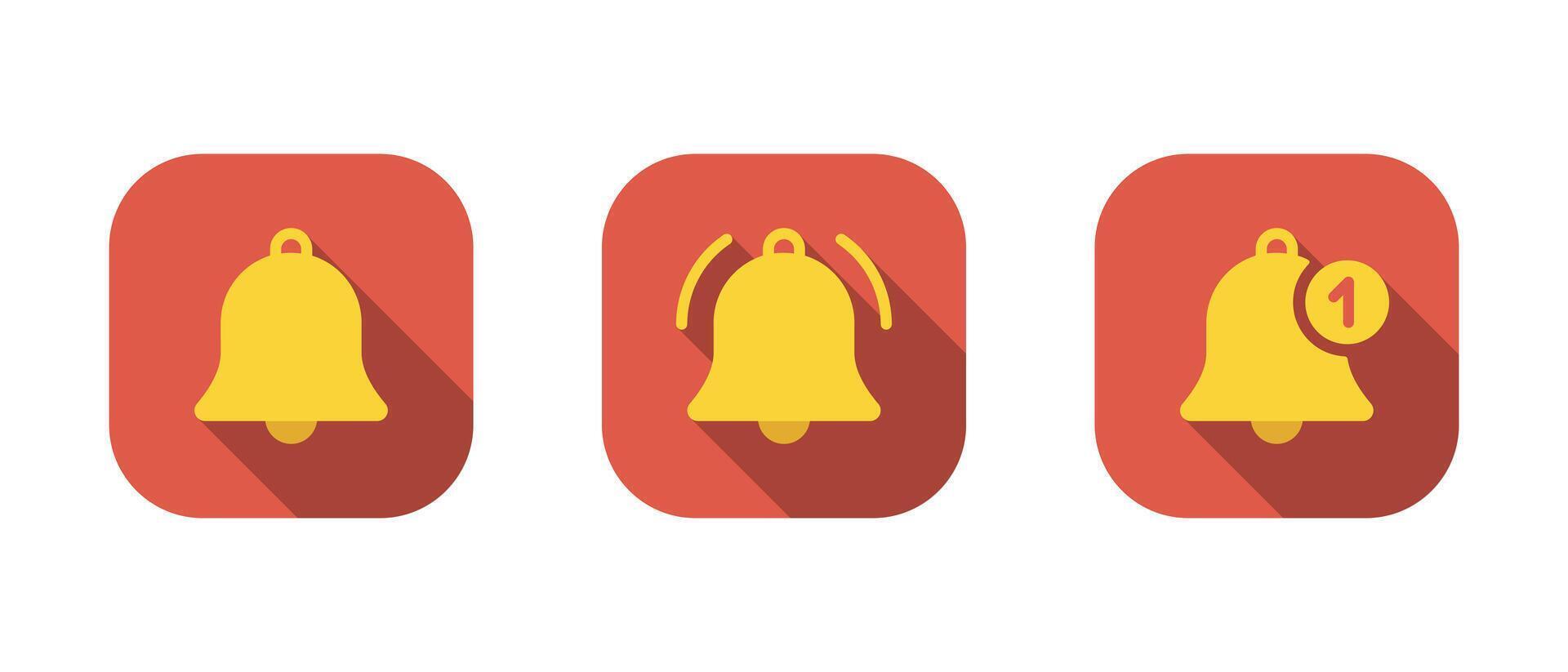 Bell notification icon set on red square vector