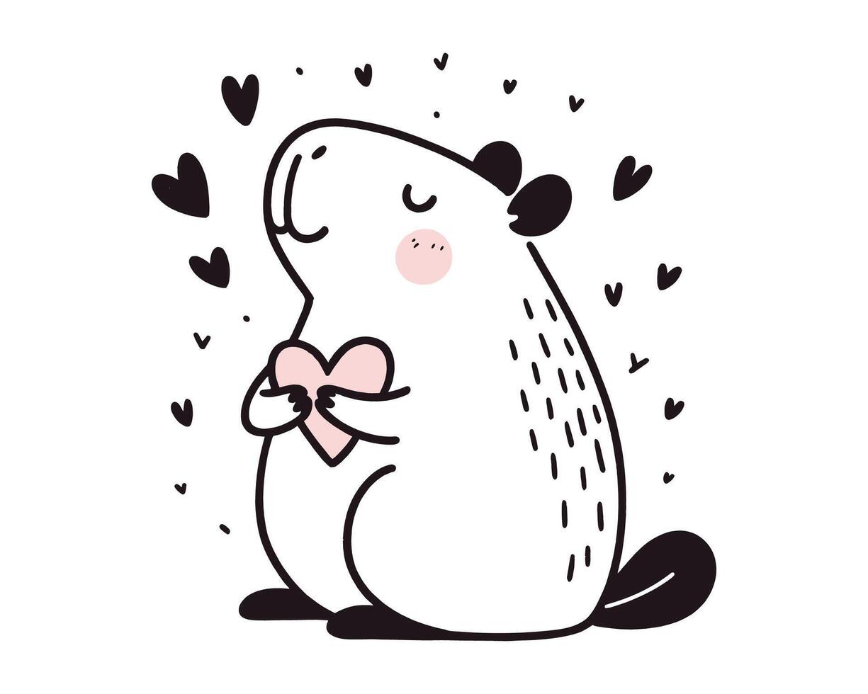 Cute cartoon capybara holding a heart surrounded by hearts on white background vector