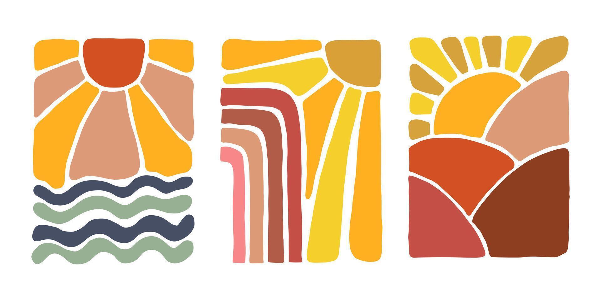 Abstract sun illustrations in warm tones doodle boho style vector