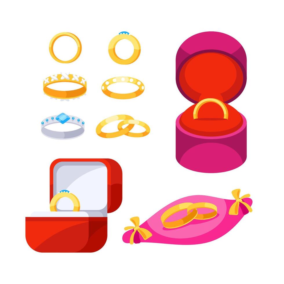 Golden wedding rings are lying inside and outside open red and pink boxes with different jewelry around vector