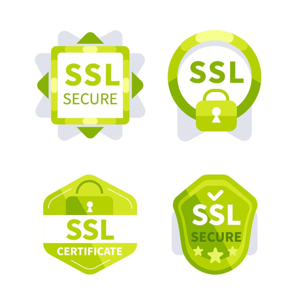 Four green icons are representing ssl security certificates and secured internet connection vector