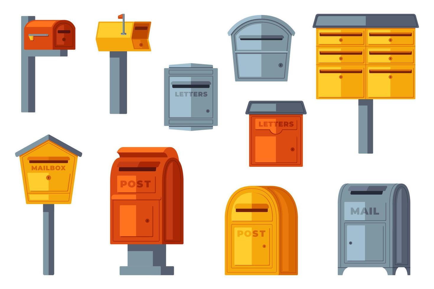 Collection of various mailboxes and postboxes, showcasing different designs and colors for receiving mail and correspondence vector
