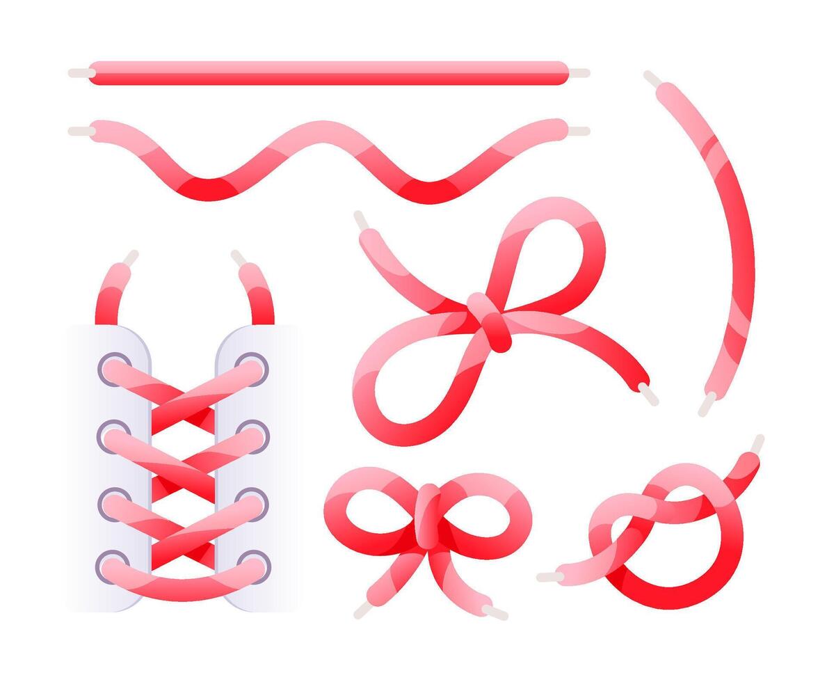 Set of red shoelaces is shown tied in different knots, with one image featuring a white shoe with the laces tied vector