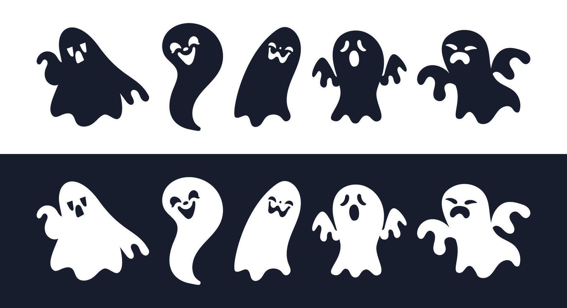 Collection of cute ghosts floating with different facial expressions, screaming, laughing and smiling vector