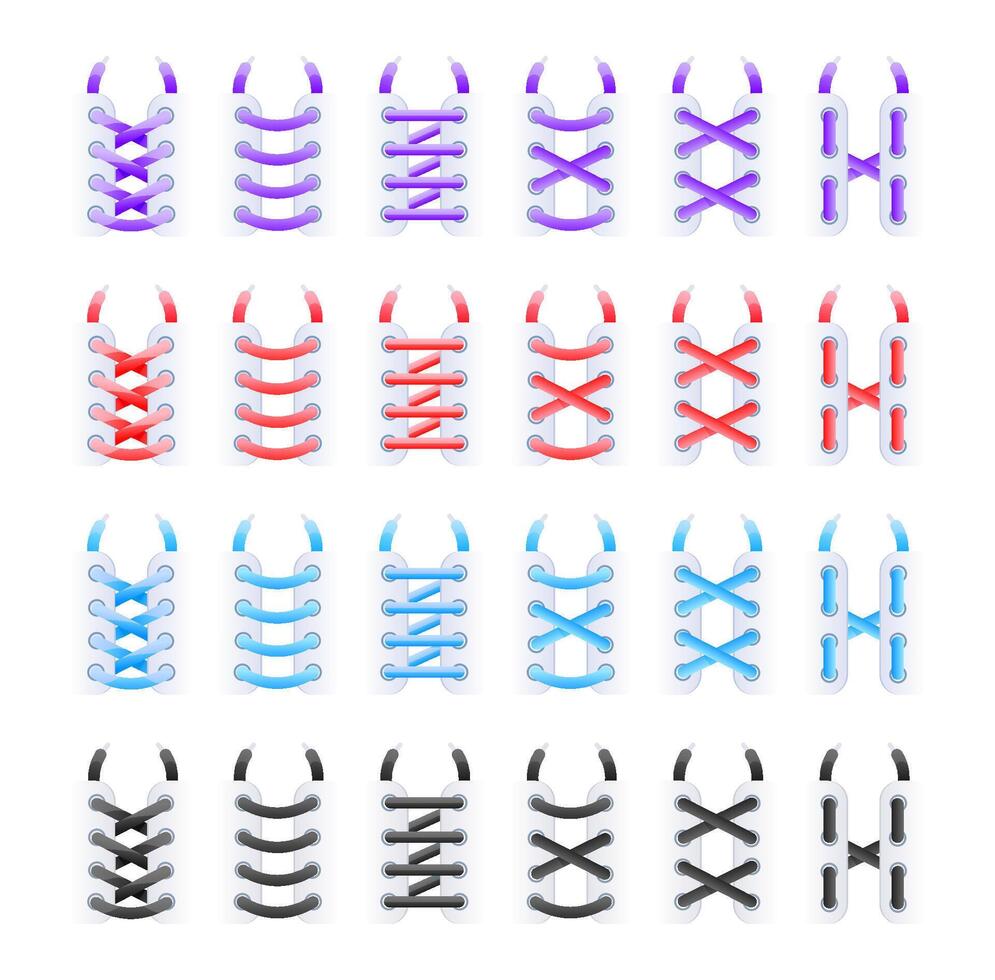 Lacing sneakers and shoes with colorful shoelaces using different tying methods vector