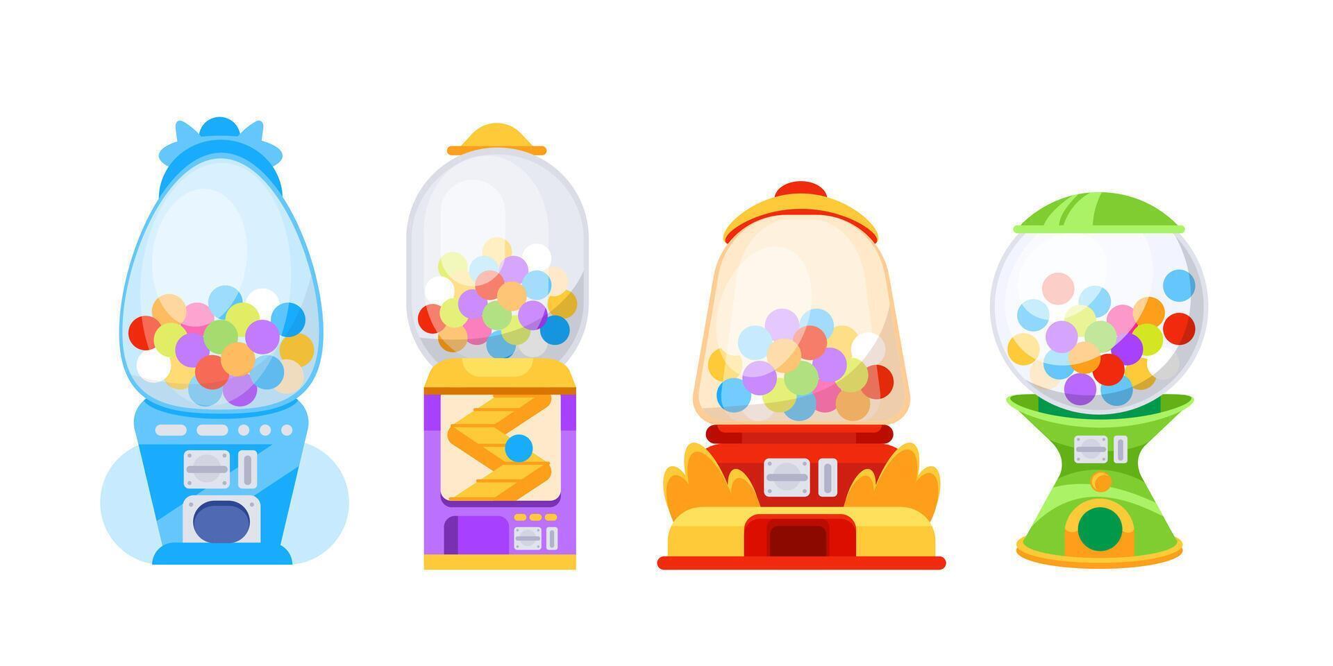 Four colorful gumball vending machines dispensing sweet candy, isolated on white background vector