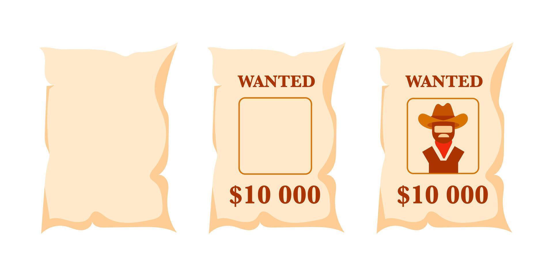 Three variations of a wanted poster template, featuring a cowboy character and space for a reward vector