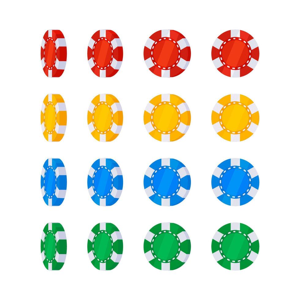 Set of colorful casino chips showing different rotations, perfect for gambling and casino themed projects vector