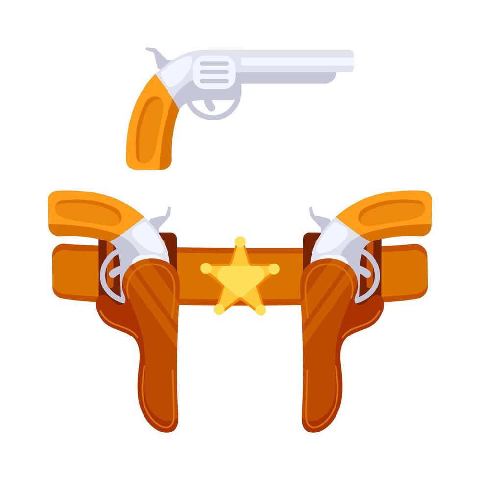 Set of cowboy revolver guns with a holster and a sheriff star badge, perfect for wild west themes vector