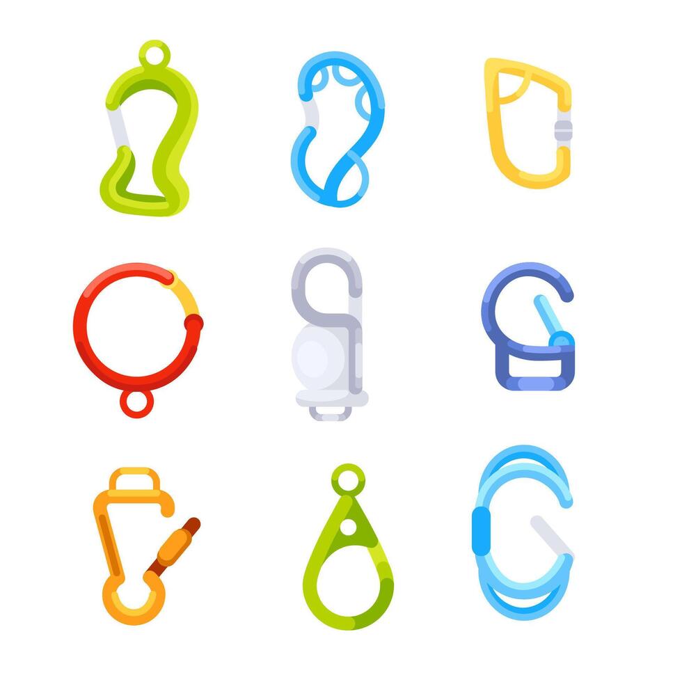 Set of nine colorful climbing carabiners is shown, each with a different locking mechanism vector