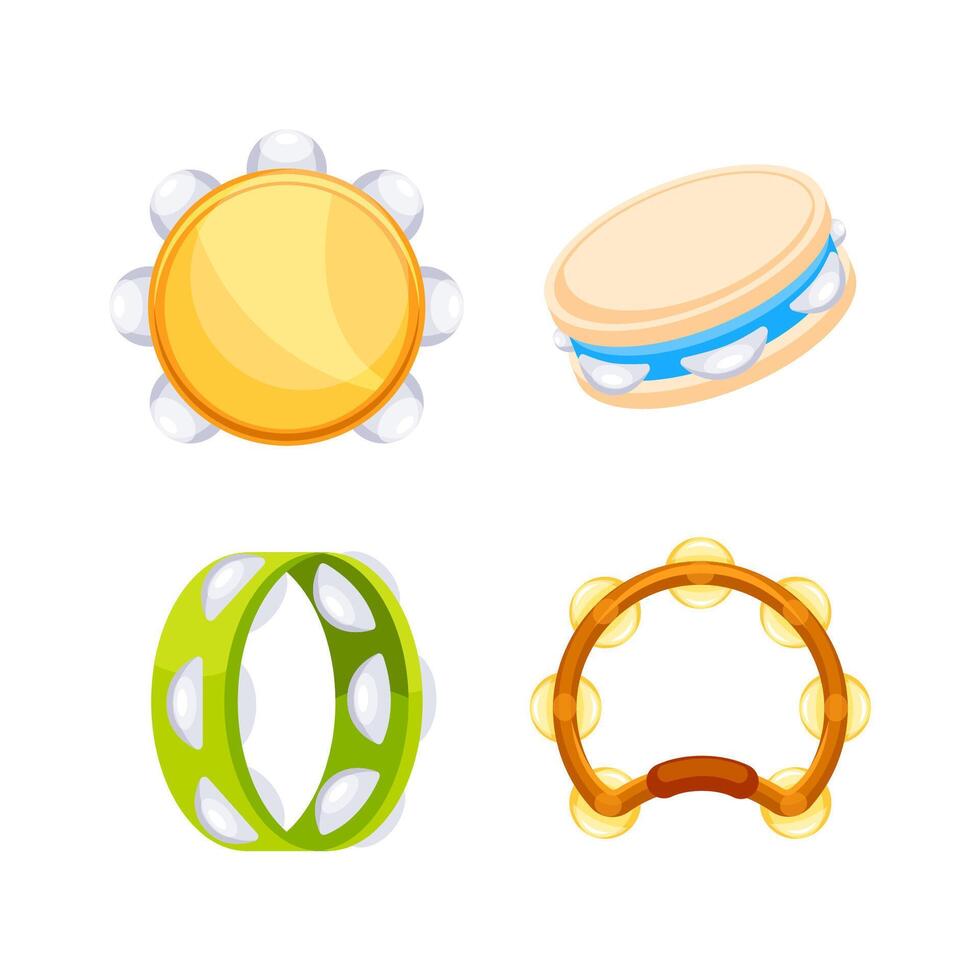 Set of colorful tambourines laying in different positions, traditional ethnic percussion instruments, musical instruments flat illustration vector