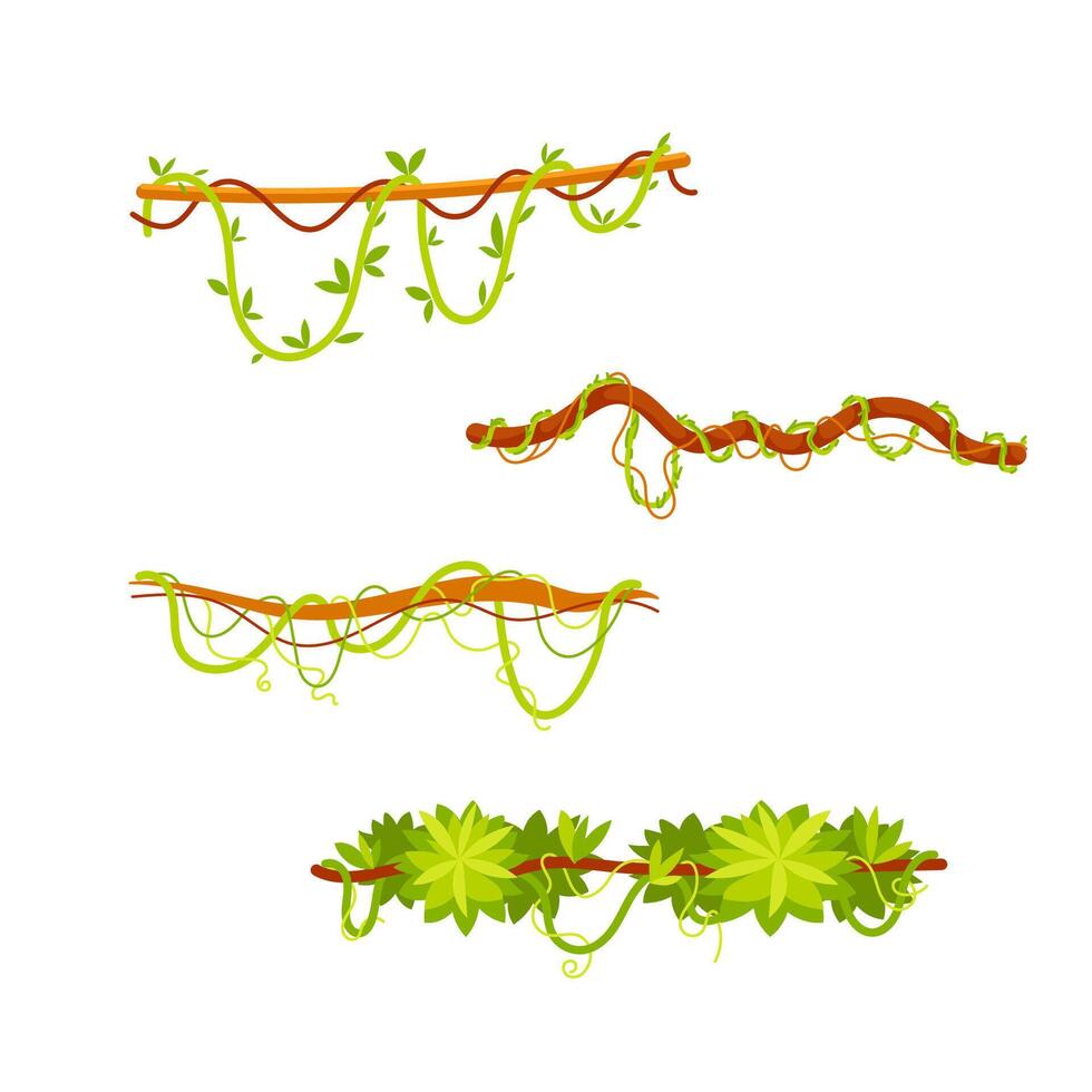 Set of cartoon lianas covered with green leaves, hanging on branches, jungle design elements on white background vector