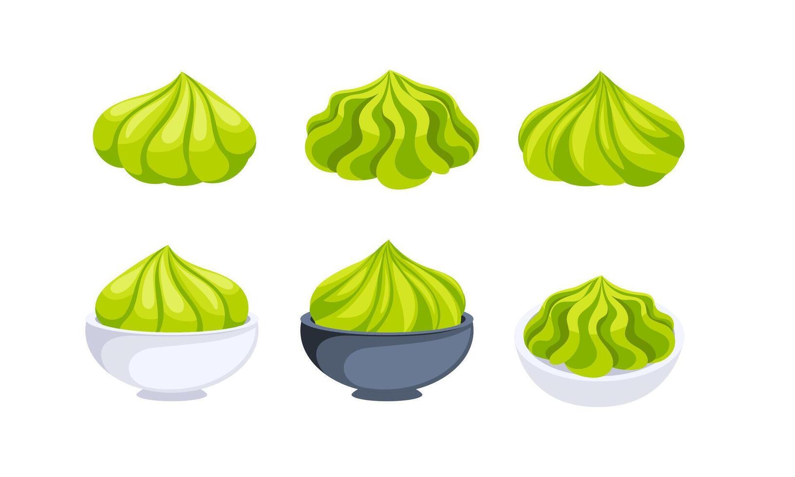 Set of six illustrations showing wasabi sauce in different styles and being served in different bowls vector