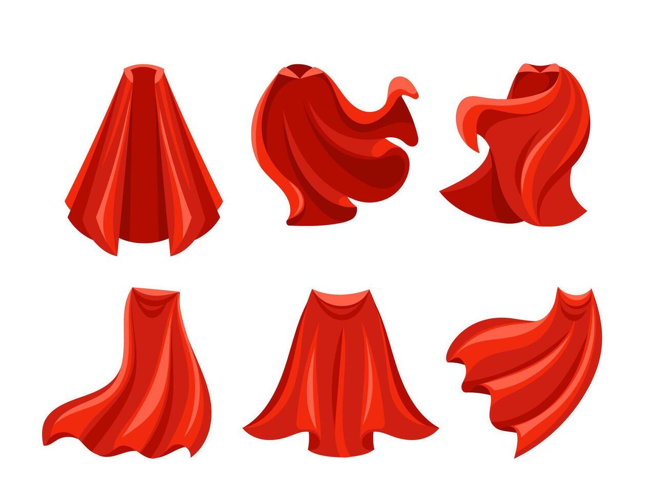 Six illustrations of a red superhero cloak, moving in the wind and suitable for comic books or fantasy vector