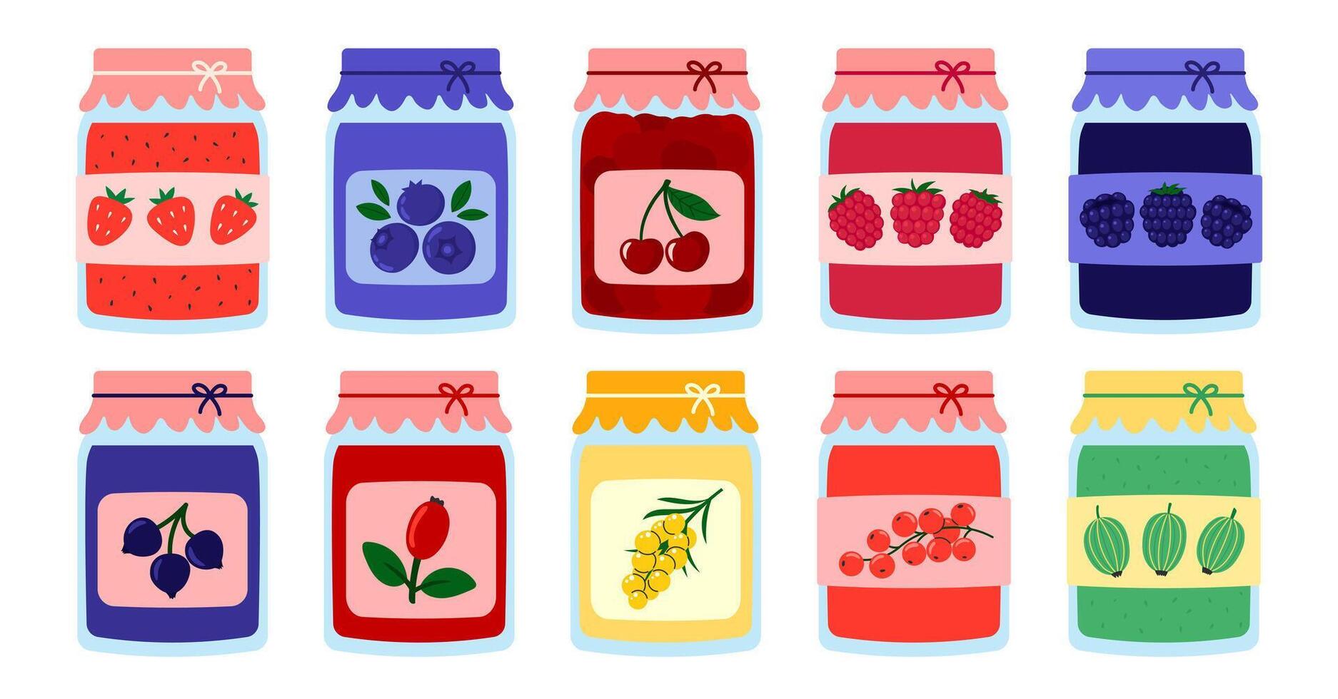 Berry jam. Glass jar of preserved Cherry jam, black currant, raspberry, gooseberry, blueberry, blackberry, strawberry, barberry, sea buckthorn confiture in bottle. Flat illustration isolated vector