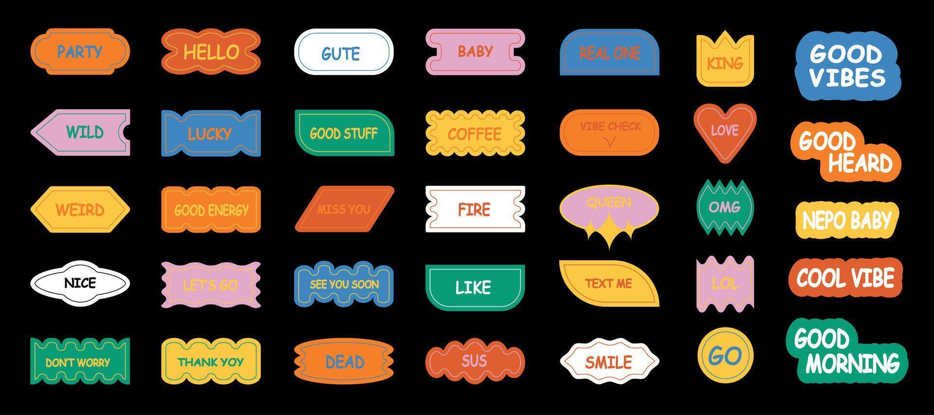 Brutalism retro 90s style naive playful abstract shapes sticker pack. Doodle quote label collection, funny chat text icon with modern slang and positive words. Isolated flat cartoon clip art bundle. vector