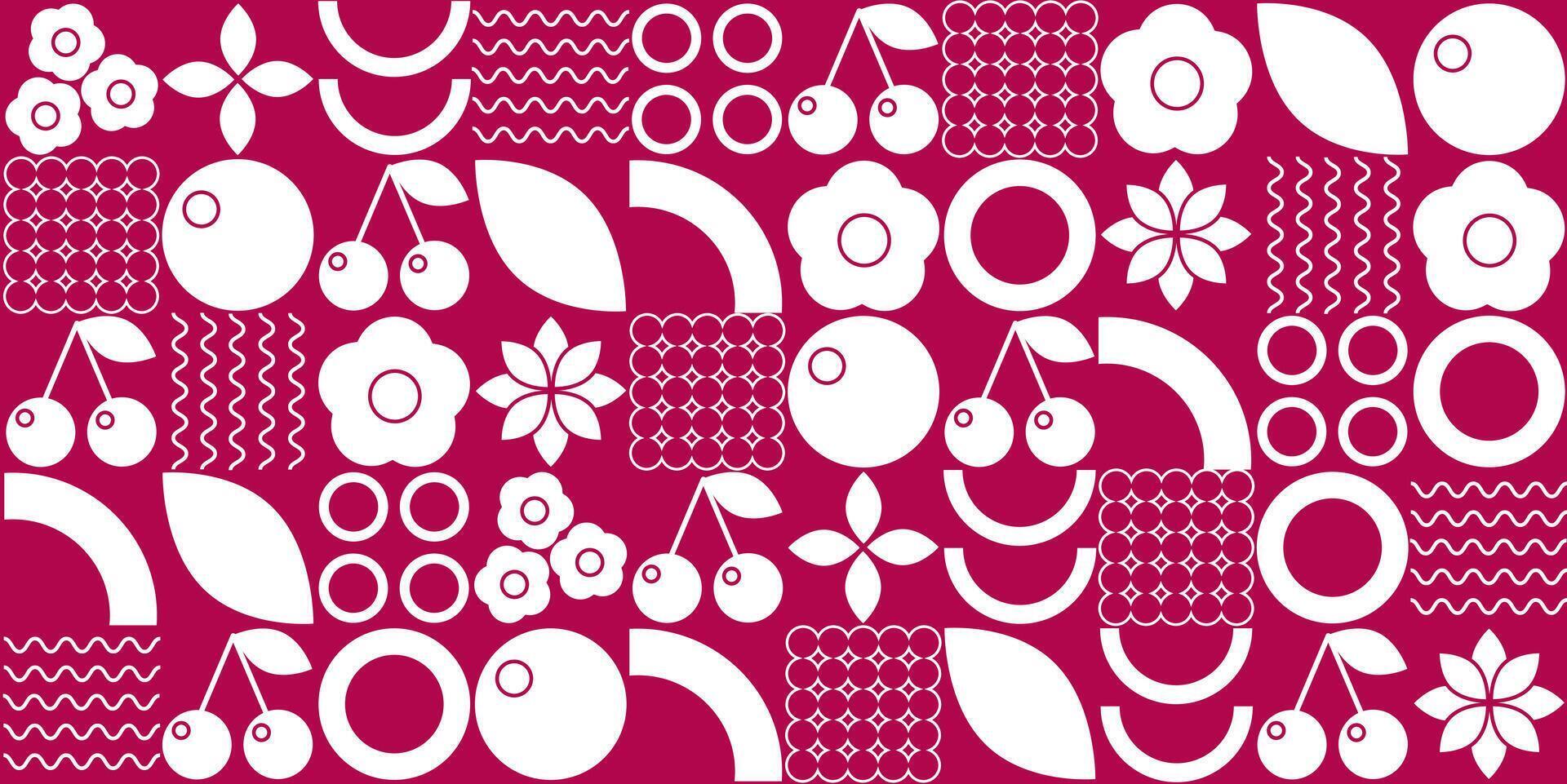 Line geometric mosaic seamless pattern cherry berry. Organic fruit vegetable geometric pattern. Natural organic flower plant shapes, eco-farming. vector
