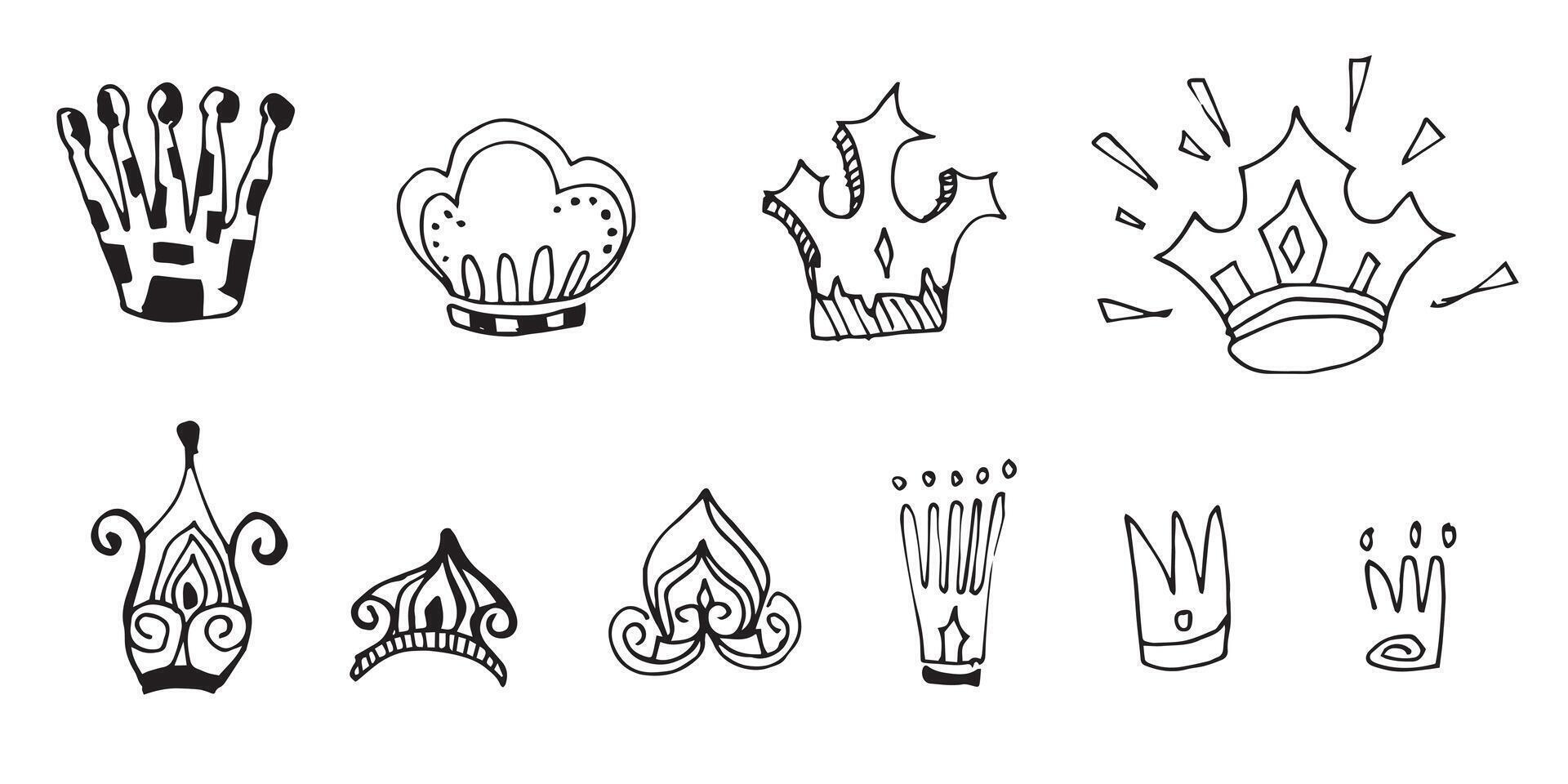 Set of hand drawn crowns isolated on white background. vector