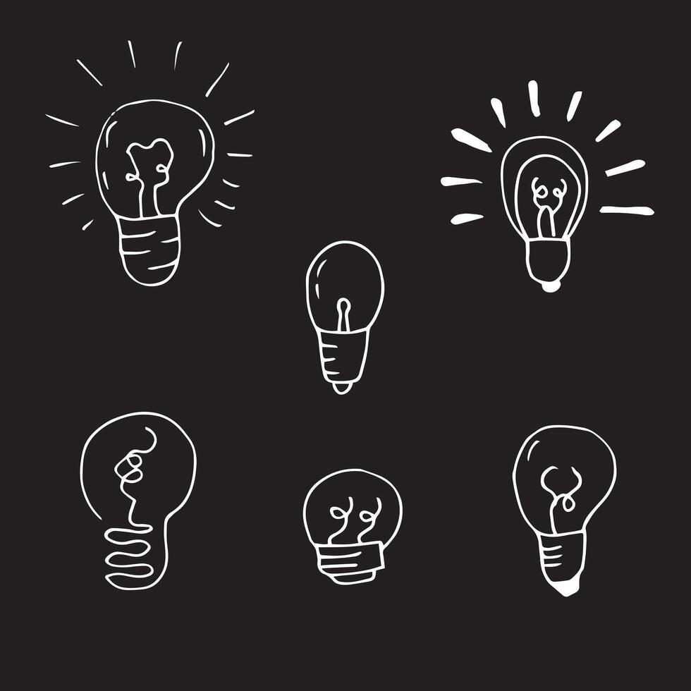 Hand drawn light bulb icons with concept of idea. Doodle style. vector