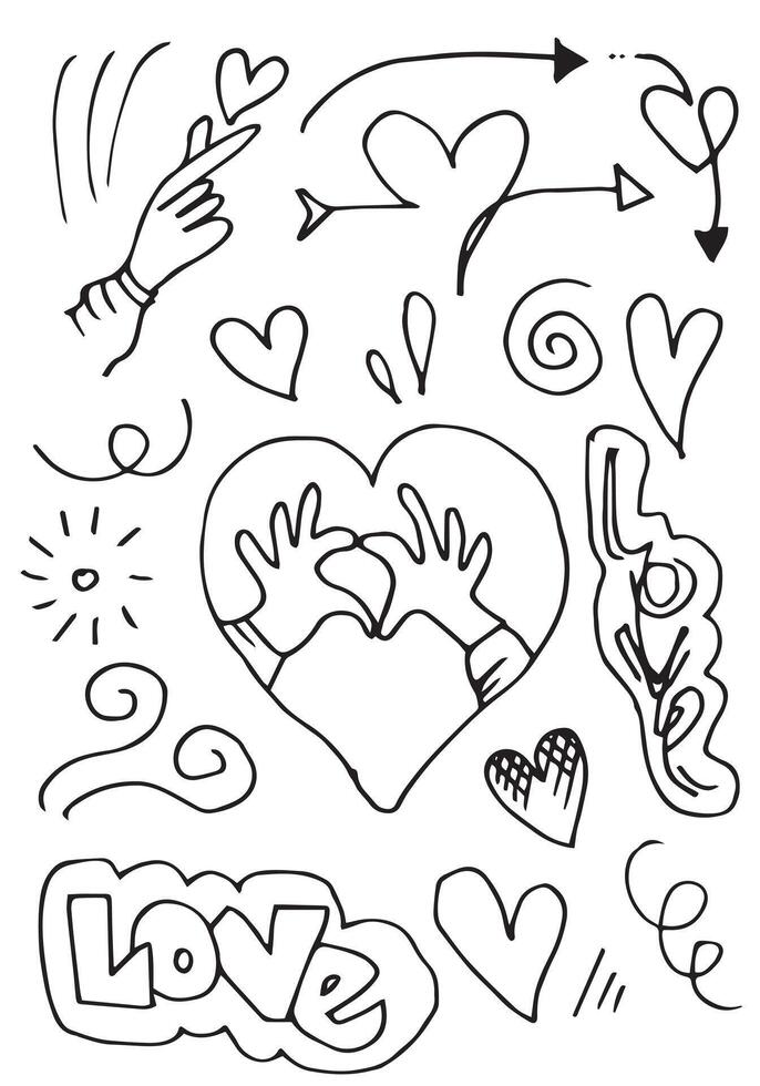 hand drawn doodles set for Valentine's Day. collection of beautiful hearts and writings Love on white background. vector