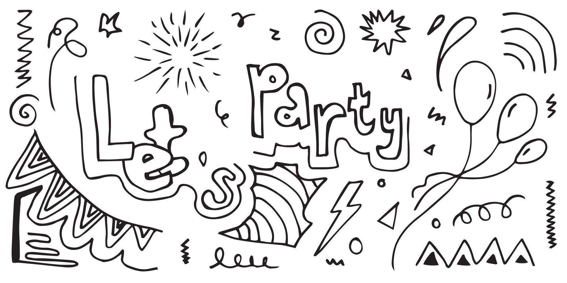 Let's party. Hand drawn cartoon illustration. Bright hand drawn lettering in circle for card, poster, banner. vector