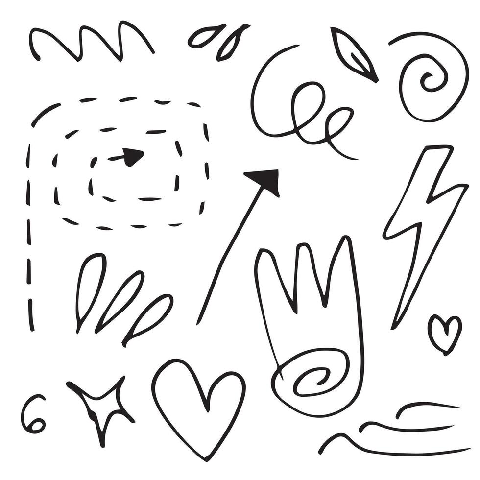 Hand drawn set elements, black on white background. Arrow, heart, love, leaf, light, crown, Swishes, swoops, emphasis ,swirl for concept design. vector
