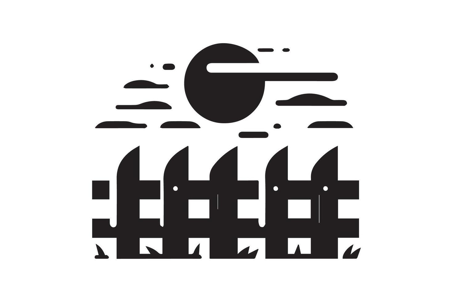 A black and white illustration of a fence with a bird flying over it vector