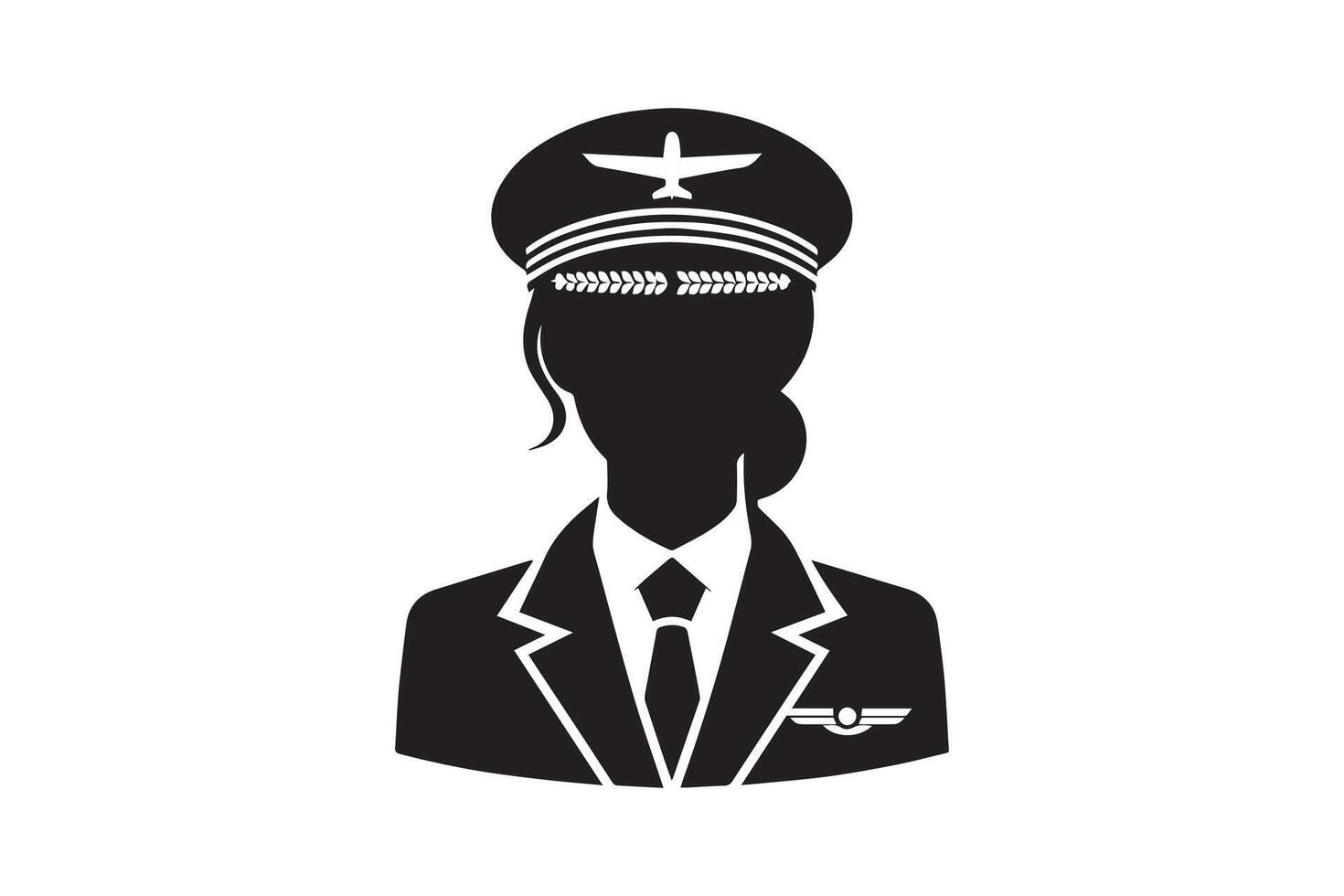 A black and white silhouette of a woman in a pilot's uniform vector