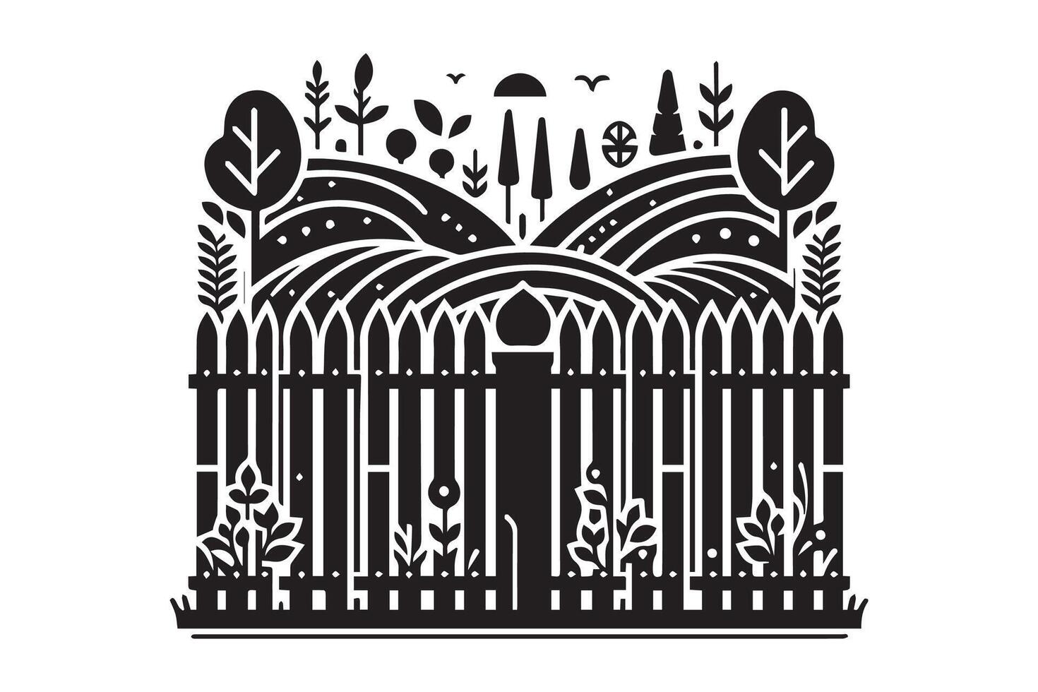 A black and white illustration of a fence and trees vector