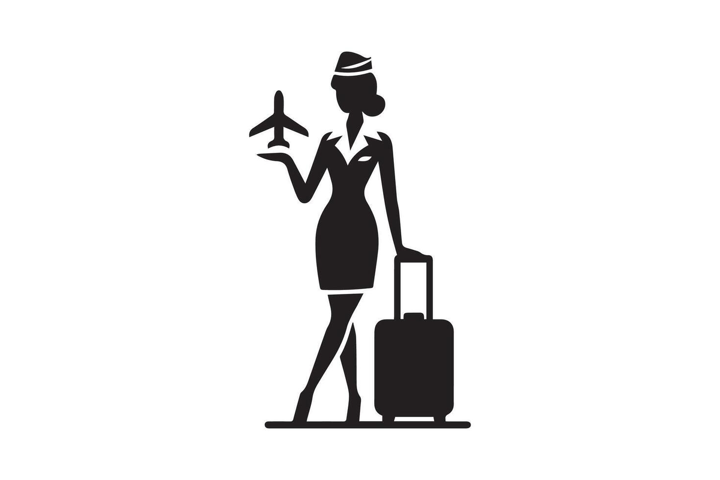 A woman in an airline uniform holding a suitcase and an airplane vector
