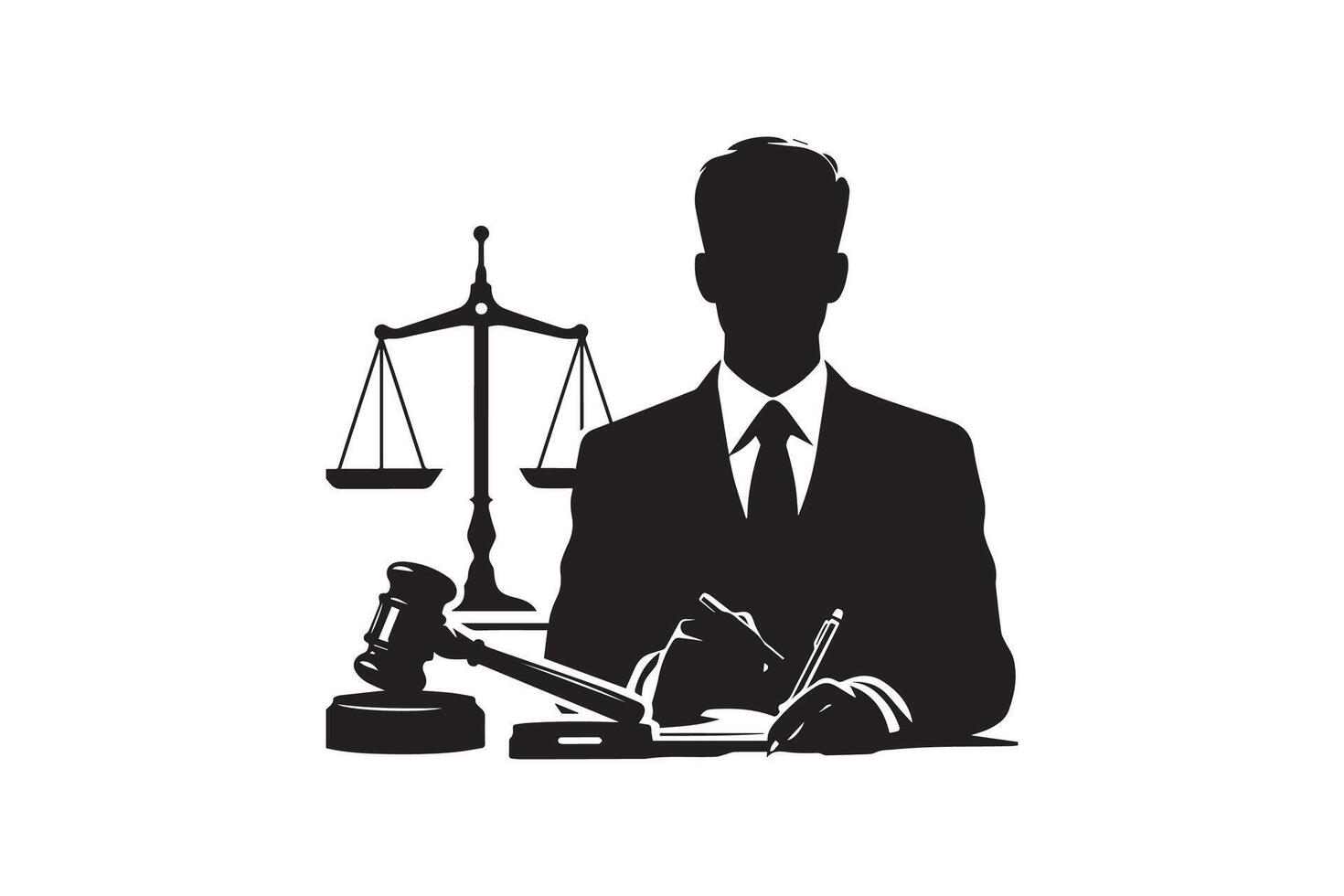 A silhouette of a man in a suit and tie sitting at a desk with a gavel and vector