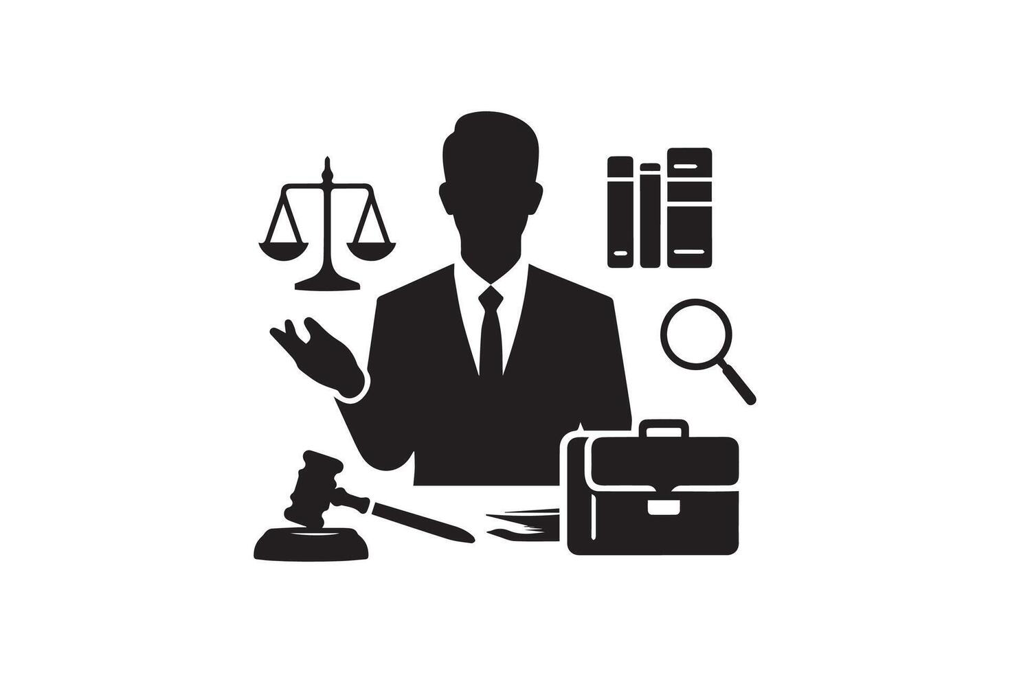 Lawyer icon with a gavel, scales and other items vector