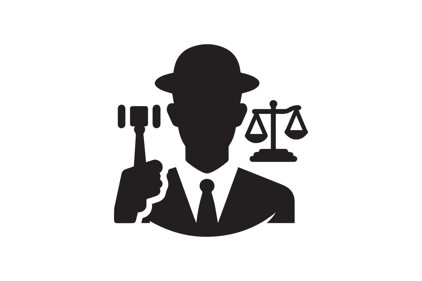 A black and white silhouette of a man holding a gavel and scales vector