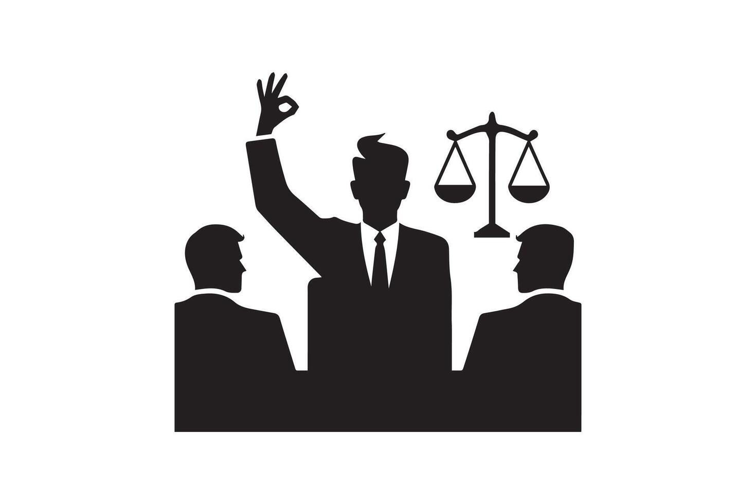 A black and white silhouette of a judge and lawyer vector