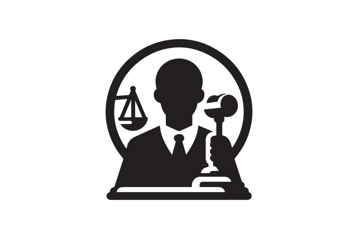 A black and white logo of a judge with a gavel vector