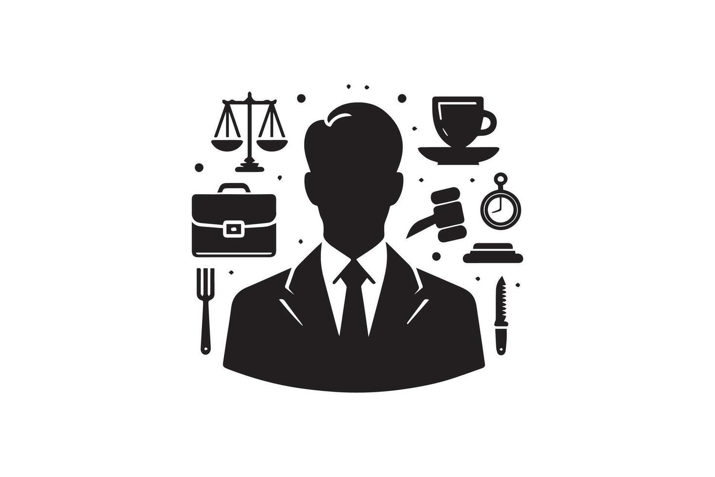 A black and white illustration of a man with a tie and other items vector