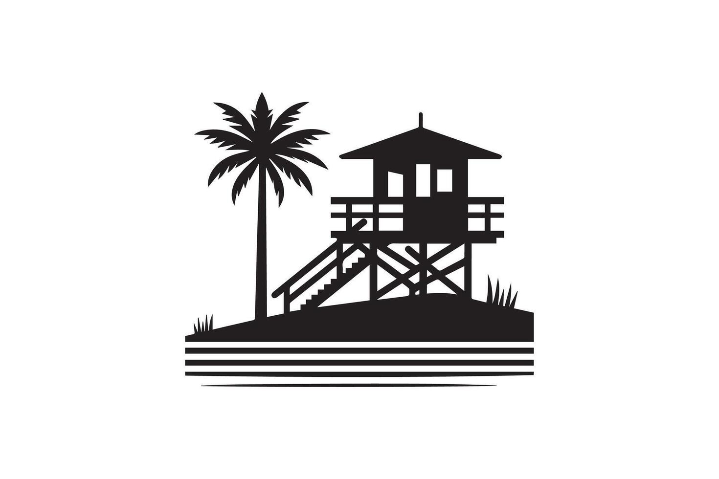 A black and white silhouette of a lifeguard tower and palm tree vector