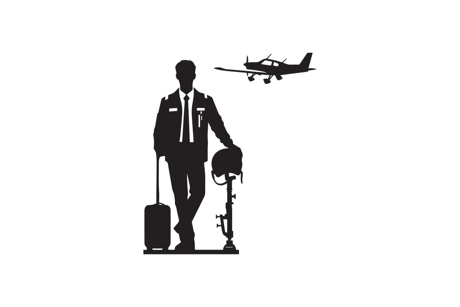 A silhouette of a man with luggage and an airplane vector