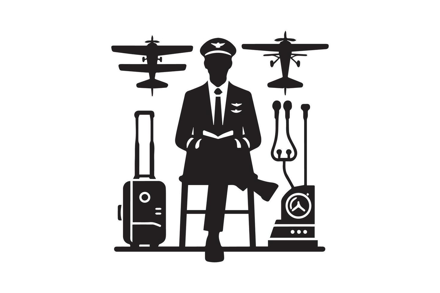 A man in a suit sitting on a chair with luggage and an airplane vector